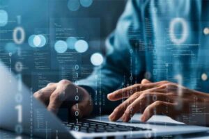 Image of person working at computer with 1s and 0s floating above to represent data lake best practices.