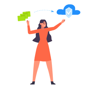 Illustration of woman holding folders that are connected to a blue cloud representing data migration