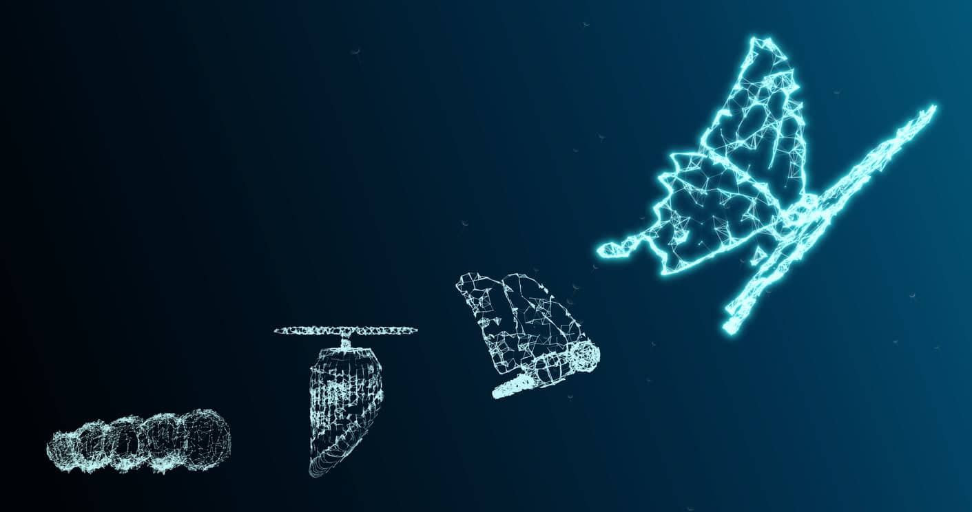 Espacio De Copia De Fondo Abstracto Con Mariposa Crecimiento Evolución Transformación Concepto. Innovación Empresarial, Disrupción Tecnológica