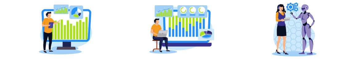 Set of three illustrations representing people enjoying the benefits of using AI data analytics.
