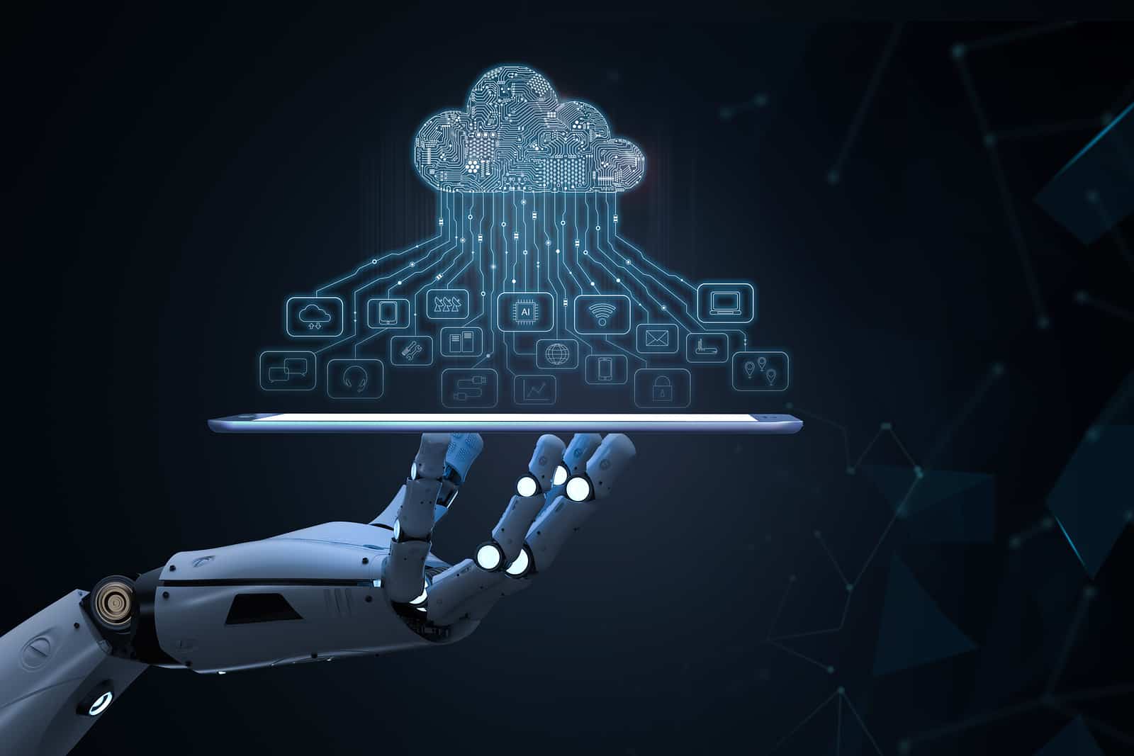 3d rendering ai robot with cloud computing and technology icons