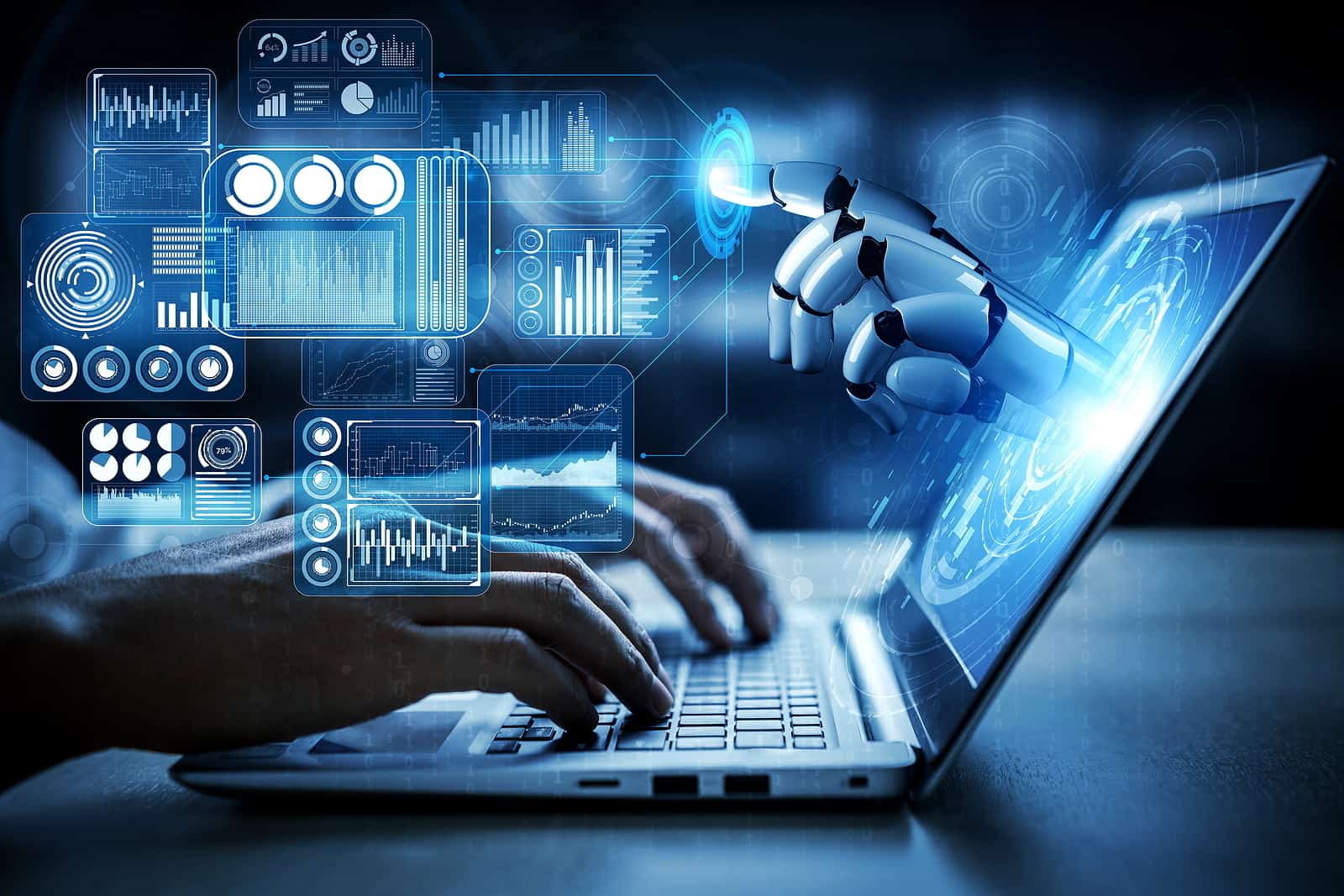 Machine Learning UDF showing a robot hand and a human hand