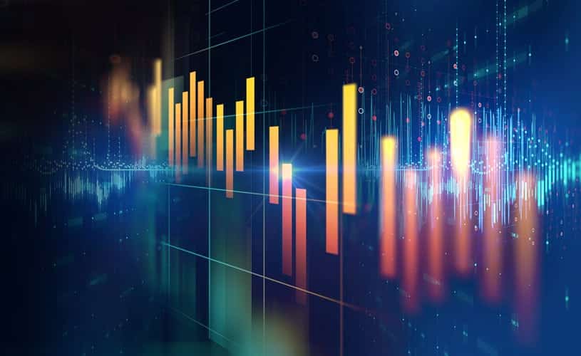 Dunkelblaue Illustration mit orangefarbenen Balken als Symbol für die Datenanalyse, einer der Vorteile von Vector 6.3