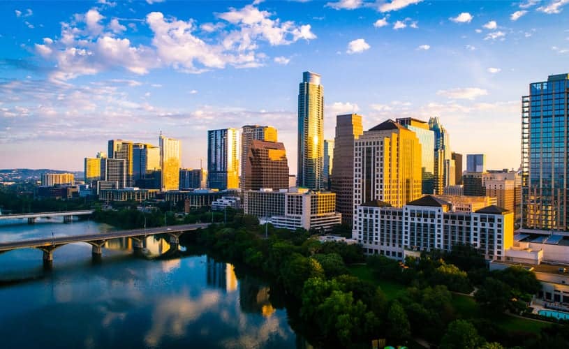 Panoramic image of the city of Austin, home of The Austin American-Statesman, the project that recognized Actian as one of the Top Workplaces 2022.