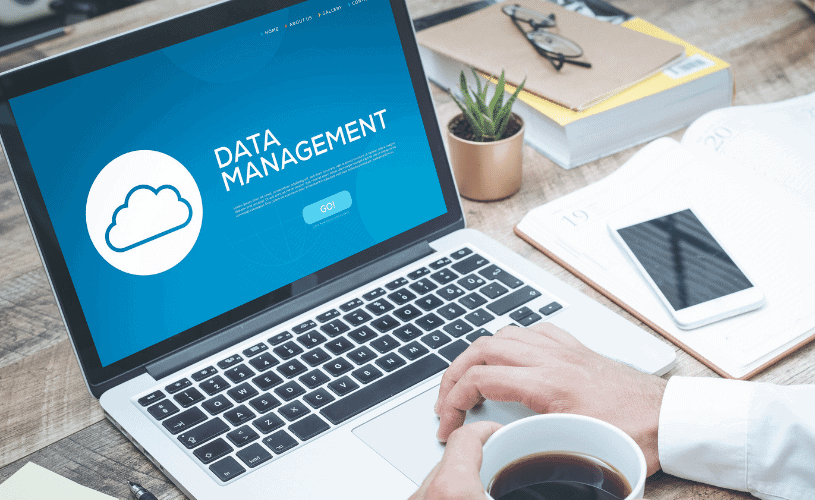 data management words on a laptop screen