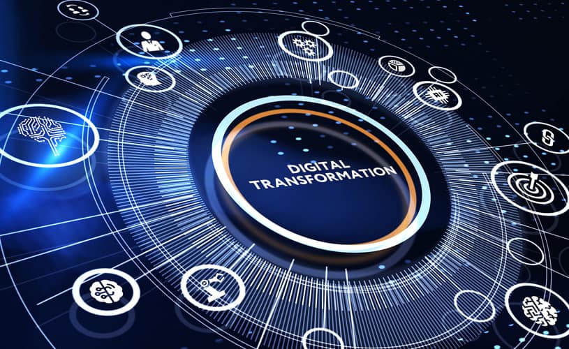 Digital illustration of a disc with the words "Digital transformation at the center", surrounded by elements of industries, actors and mechanisms relevant to the process.