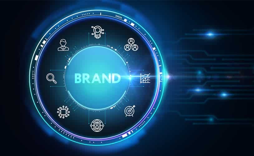 Digital illustration of a blue circle with the word brand in the center surrounded by icons representing the importance of increase loyalty and brand sentiment