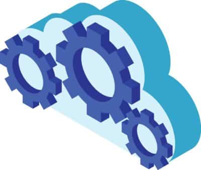 Illustration of a blue and light blue cloud with dark blue gears to explain what is cloud computing