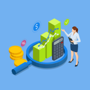 Illustration of woman working in front of calculator, coins, graphs, and other symbols representing analytics in finance.
