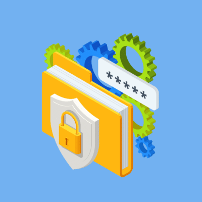 Conceptual Illustration of files and gears protected with a lock and representing information sensitivity.