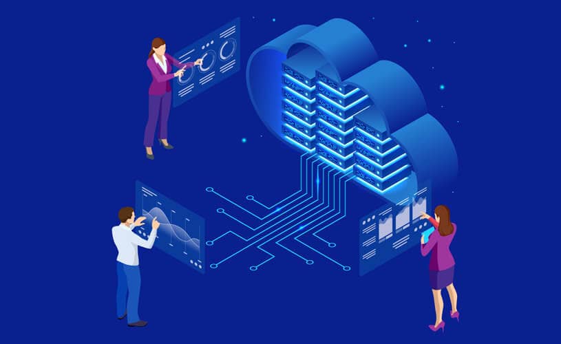Isometrischer Vektor eines Servers mit einer holografischen Cloud, die die Cloud Datenintegrationstechnologie in einem digitalen Netzwerk darstellt.