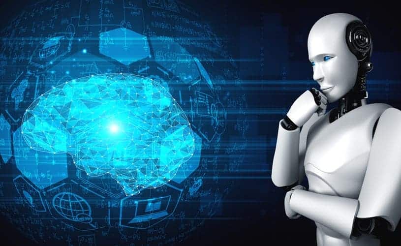 Digitale Illustration eines Roboters vor einem Bild, das ein Gehirn simuliert, umgeben von Daten und anderen Illustrationen, die Maschinelles Lernen darstellen