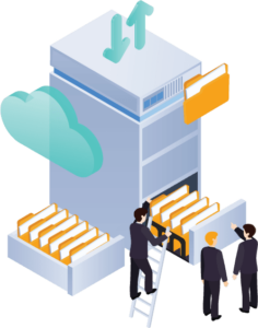 Illustration of large file cabinet with cloud and people working in the file cabinets drawers. Data integration brings sources together so that people can access it easily.