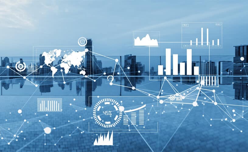Blue background of a cityscape with white graphs and data icons in foreground representing business analytics.