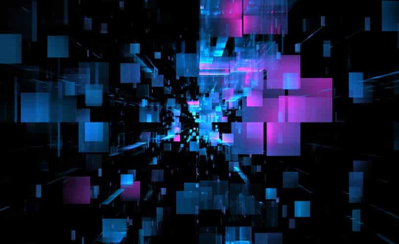 Dunkelblauer Hintergrund mit einer großen Anzahl blauer und violetter Kästchen, die zufällig im Vordergrund stehen und die Datenmigration konzipieren