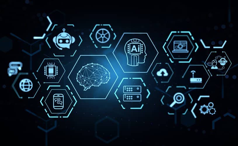 Digitale Schnittstelle mit Symbolen, die die entscheidenden Schritte der Datenaufbereitung für KI darstellen, wobei Maschinelles Lernen und Automatisierung hervorgehoben werden.