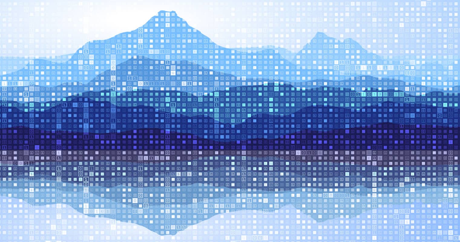 Graphic of mountains made from digital binary code patterns, representing data lake integration in a technological landscape.