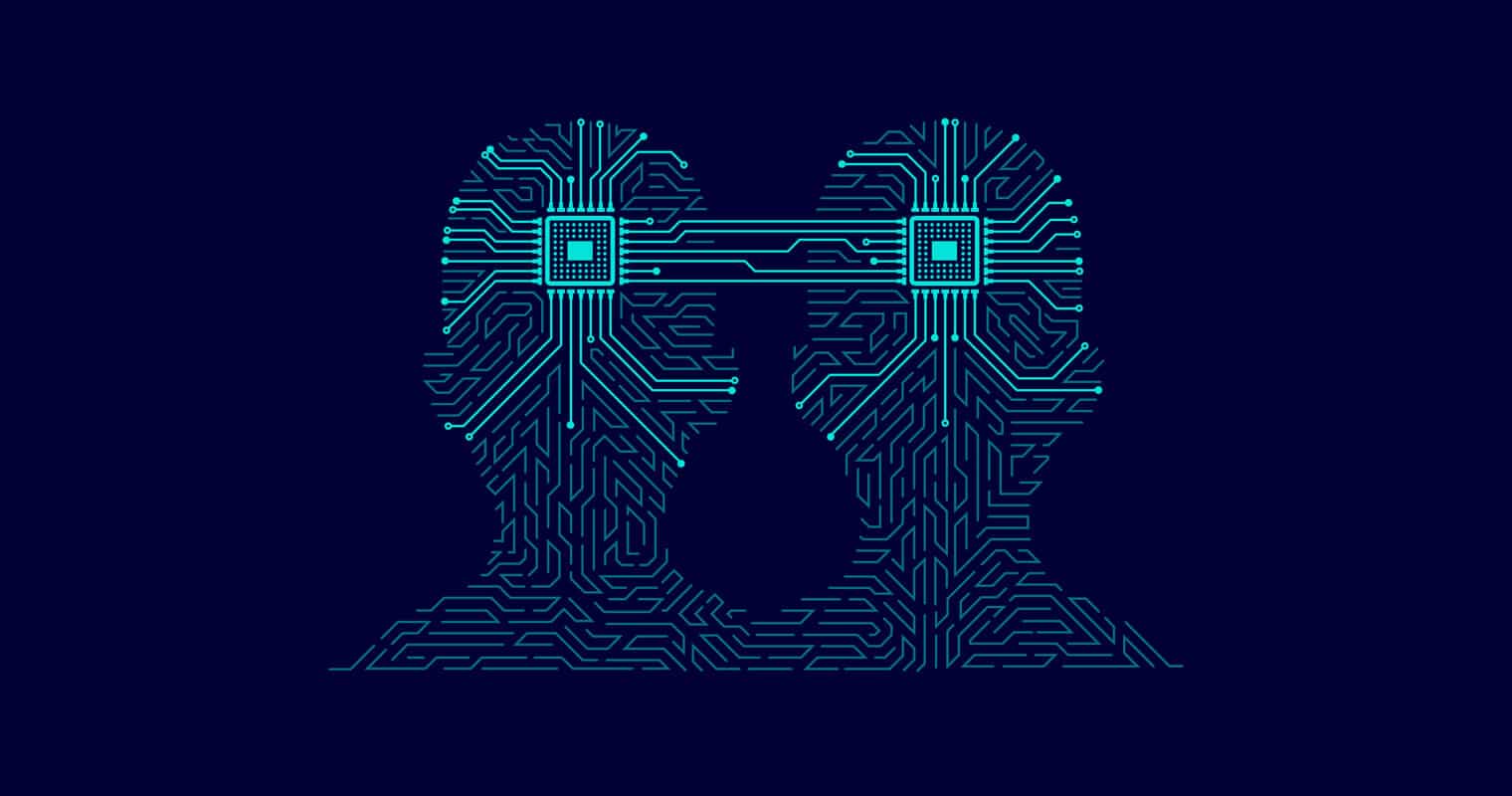 Digital twin illustration consisting of two heads, seen from the front, made of celestial lines that connect into more illuminated circuits and placed in the center of the heads.