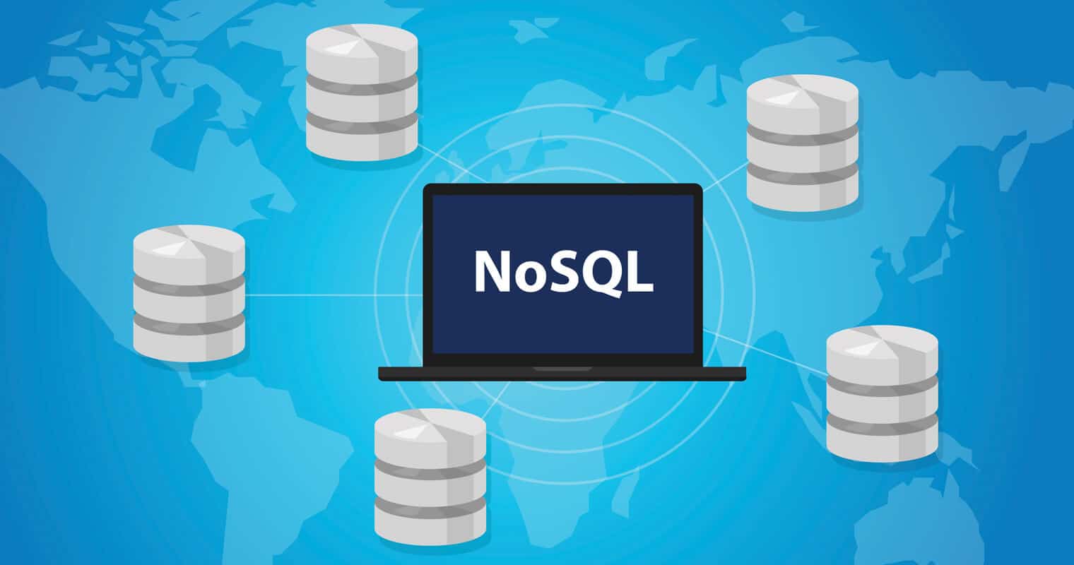 Illustration of a laptop with 'NoSQL' on the screen, surrounded by database icons, symbolizing NoSQL databases in a global network context.