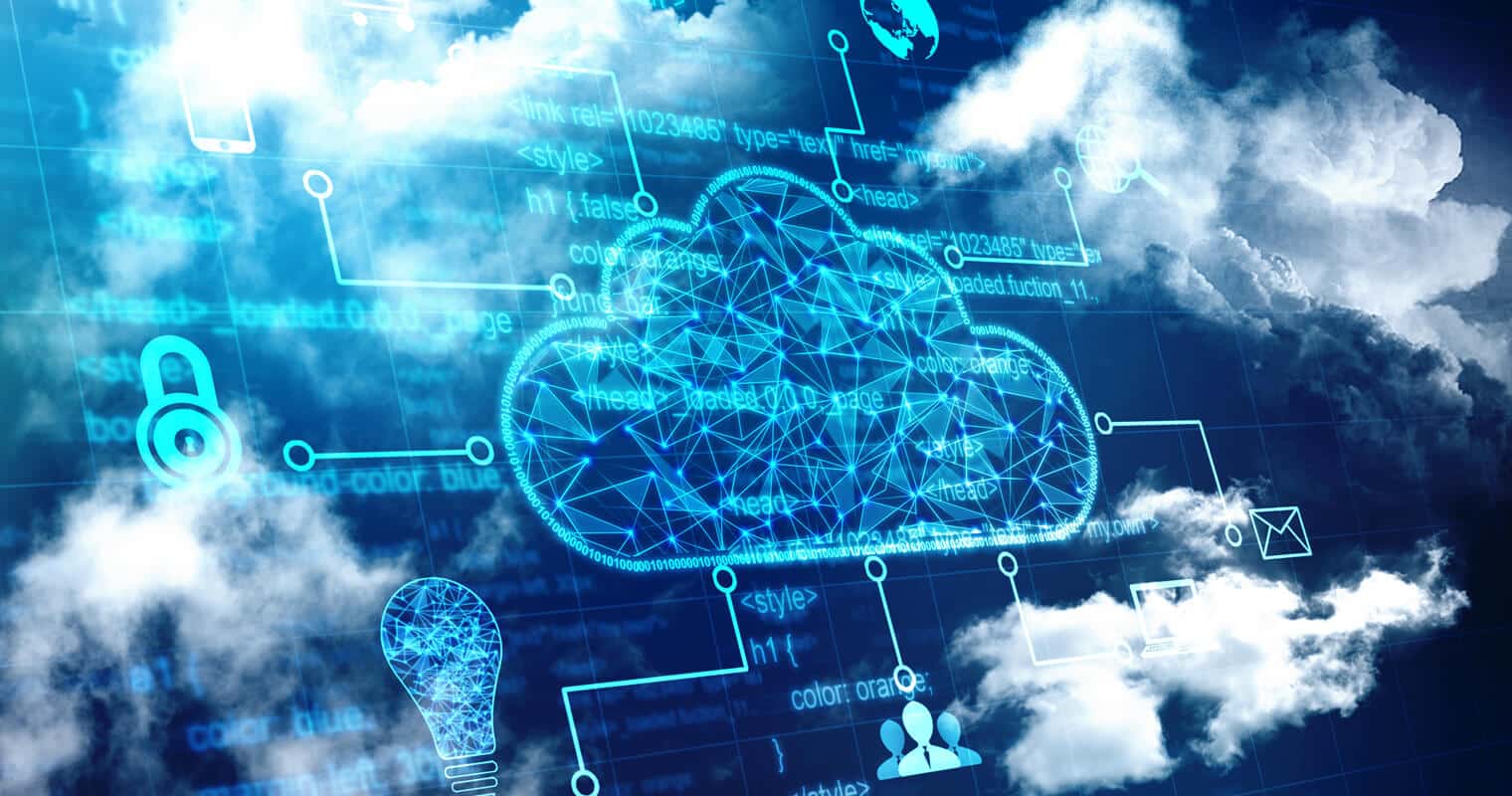 Digital illustration of cloud services showing a stylized cloud composed of connected nodes and lines, representing a network, with icons symbolizing security, data, and communication against a backdrop of clouds in the sky.