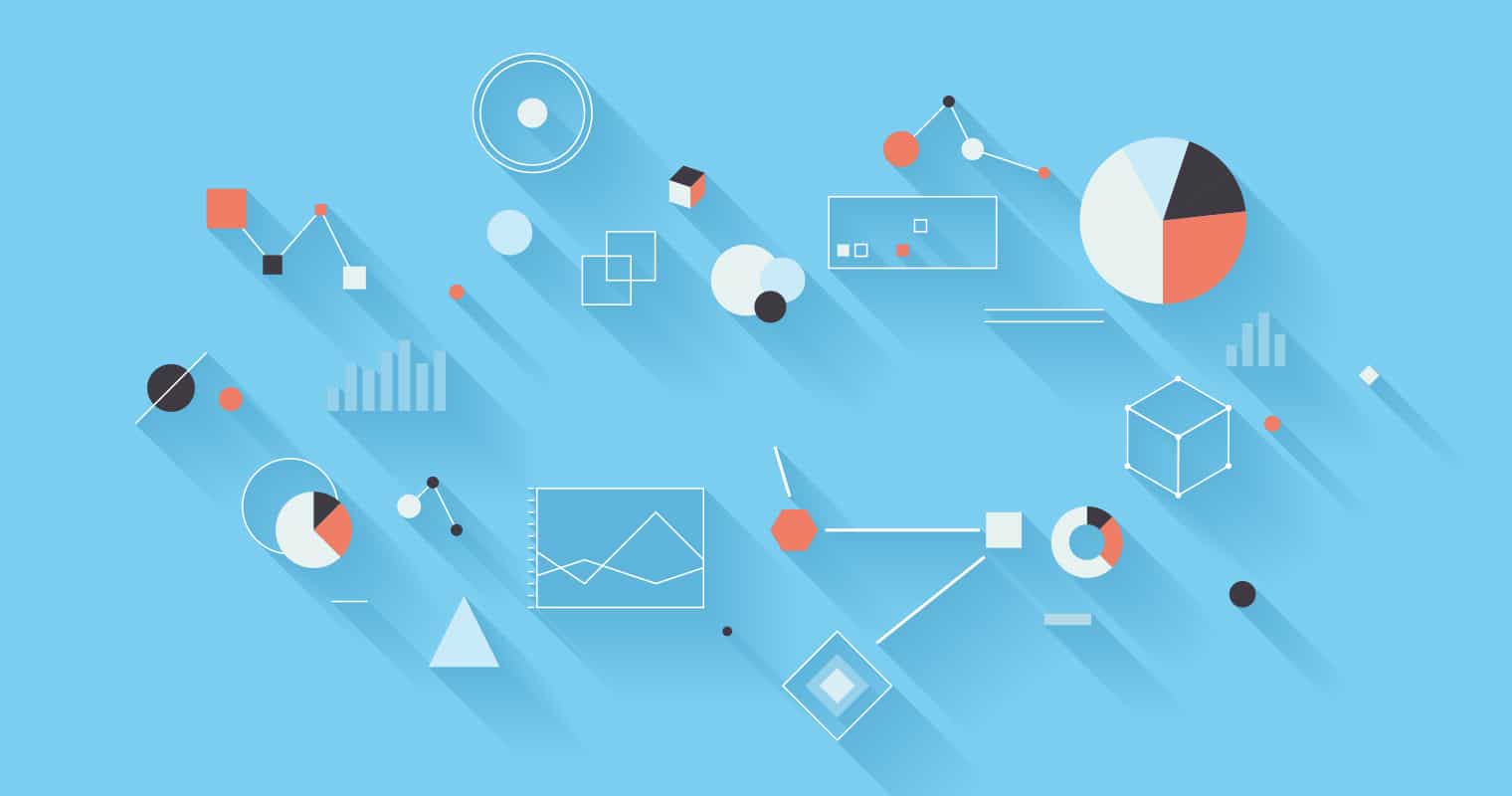 Abstract representation of data orchestration with various geometric shapes and graphs symbolizing integrated data processes on a blue background.