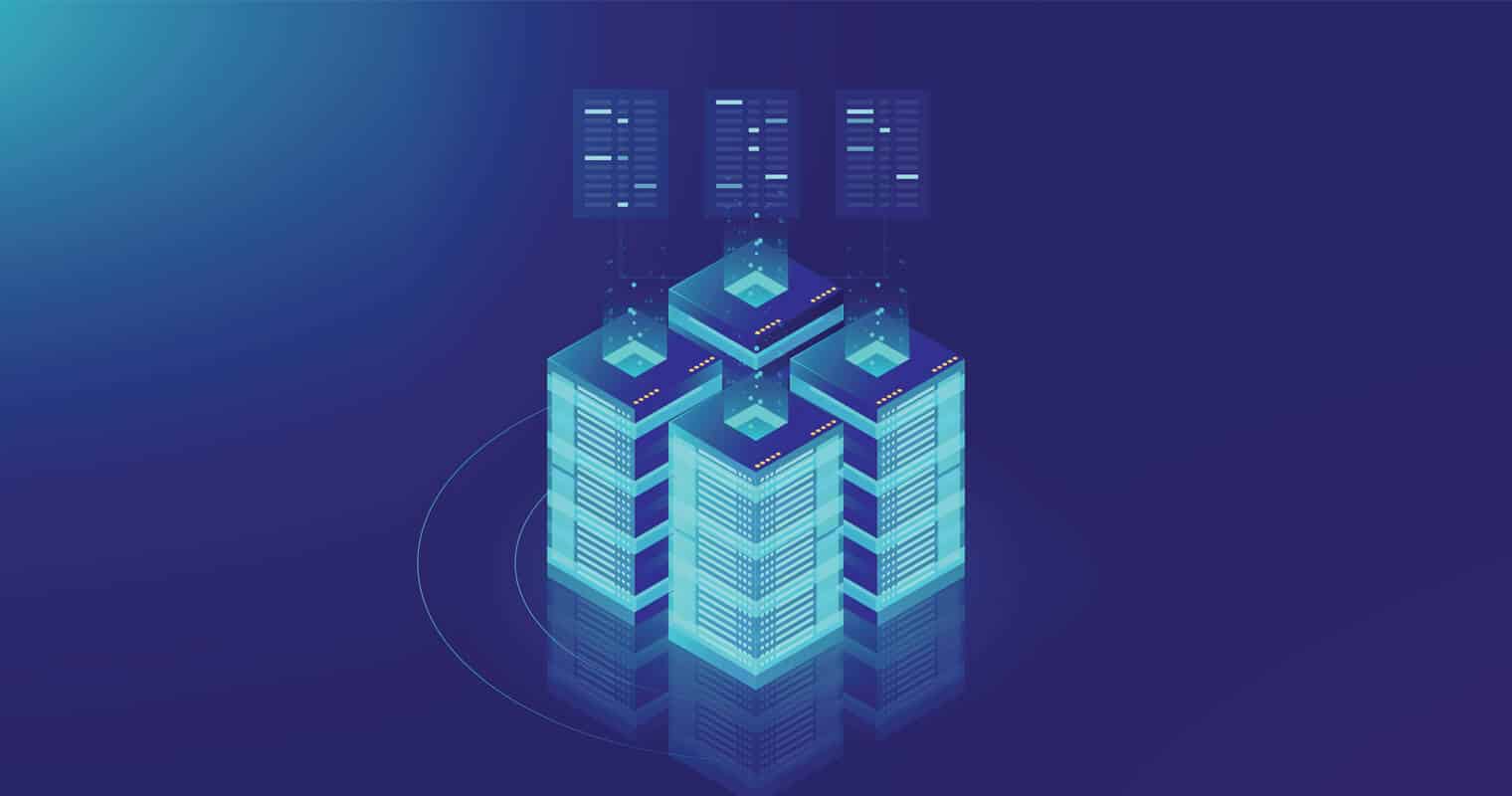 An isometric graphic of a stylized, glowing blue data warehouse structure with server racks on a dark background.
