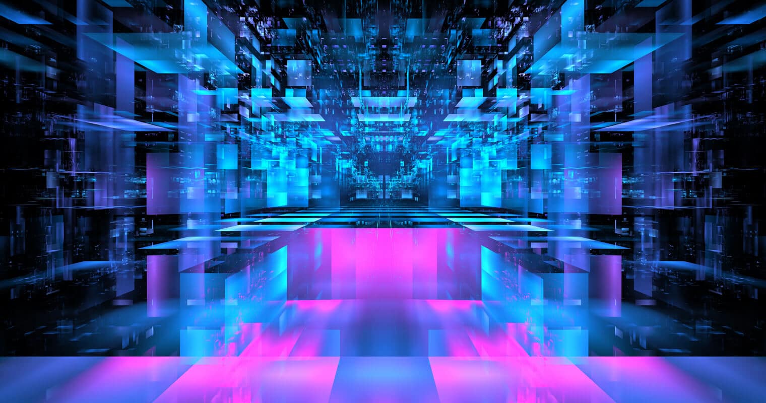 Conception numérique d'un environnement futuriste basé sur des cubes représentant des données structurées