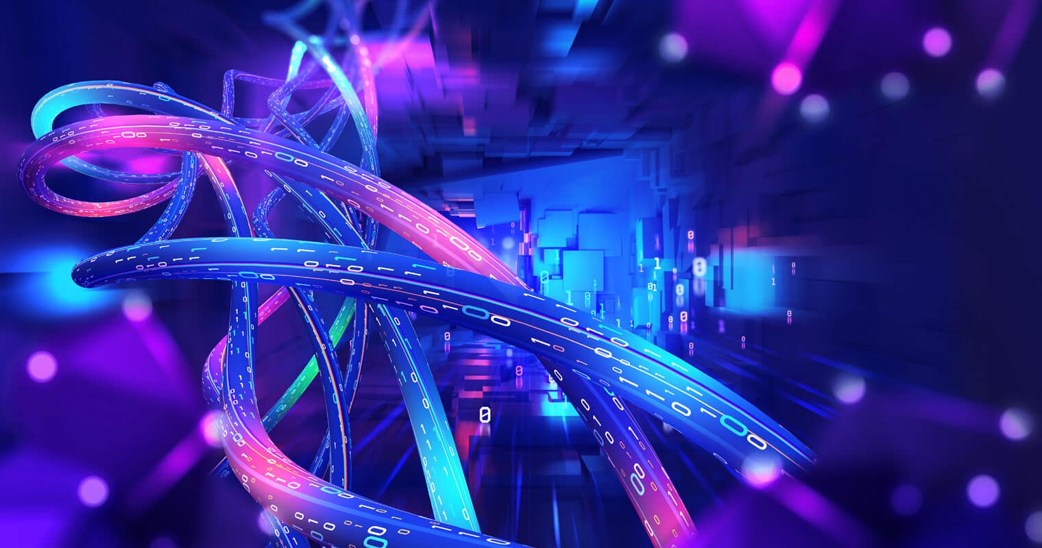 Vibrant digital streams with binary code flowing through a futuristic tunnel, representing the dynamic generation and use of synthetic data.