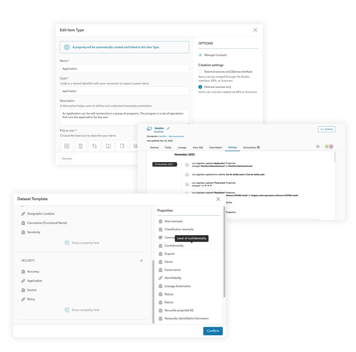 the data intelligence platform interface showing item type editing, dataset templates, and activity logs for data classification and compliance