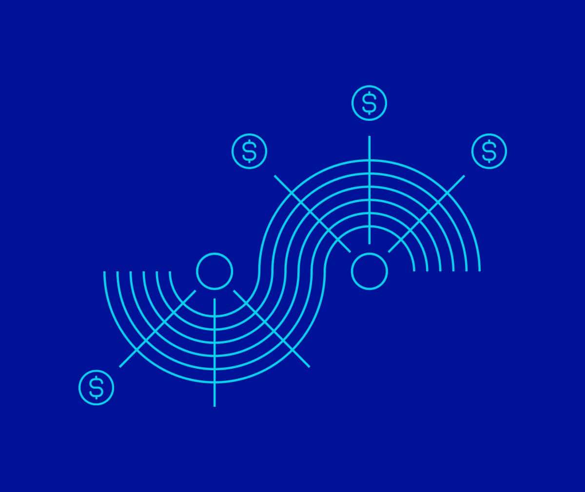 abstract radar graphic with dollar signs, symbolizing financial data discovery and value extraction