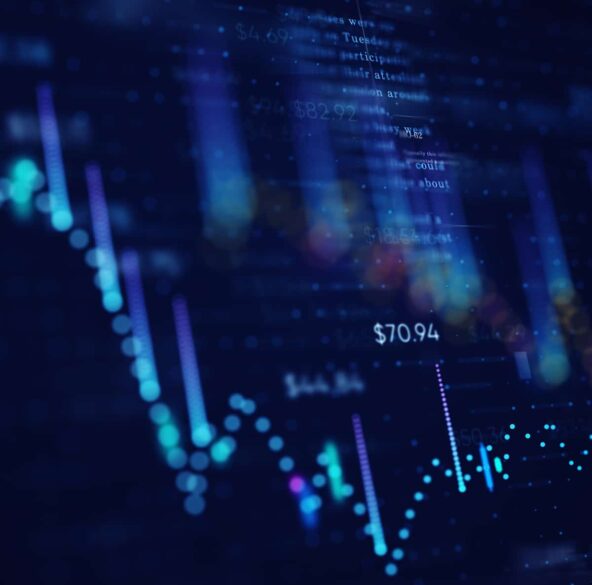 abstract financial data visualization with stock prices and line charts on a dark background