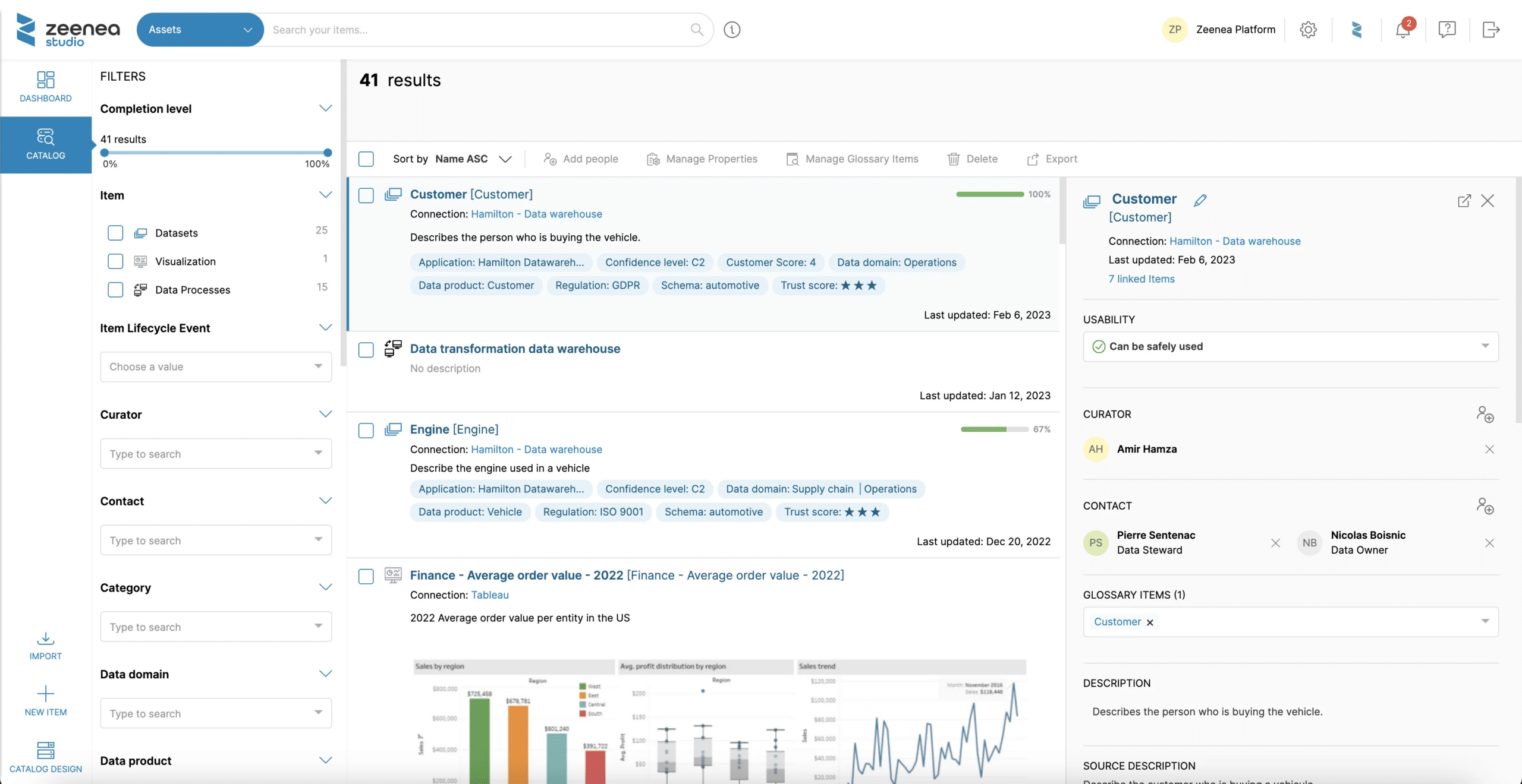 actian studio interface showing a searchable data catalog with filters, asset details, glossary items, and metadata for easier enterprise data documentation