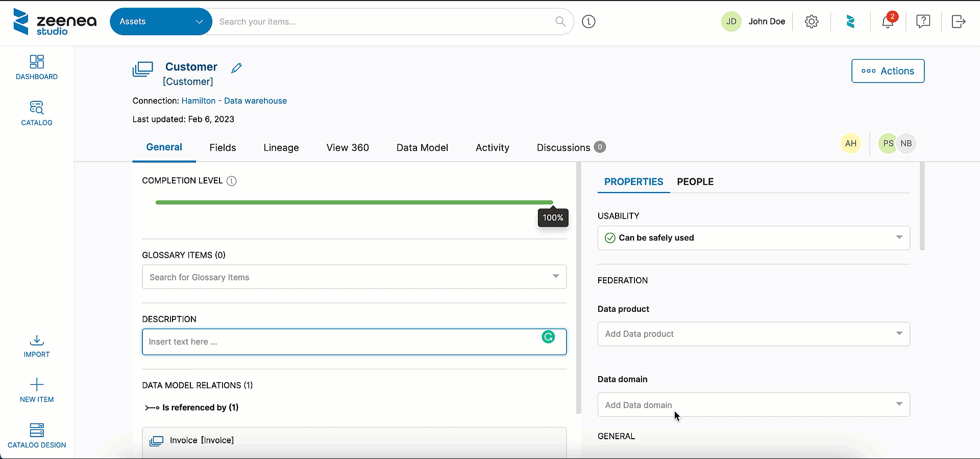 gif showing metadata documentation in actian Studio, with data usability and domain tagging