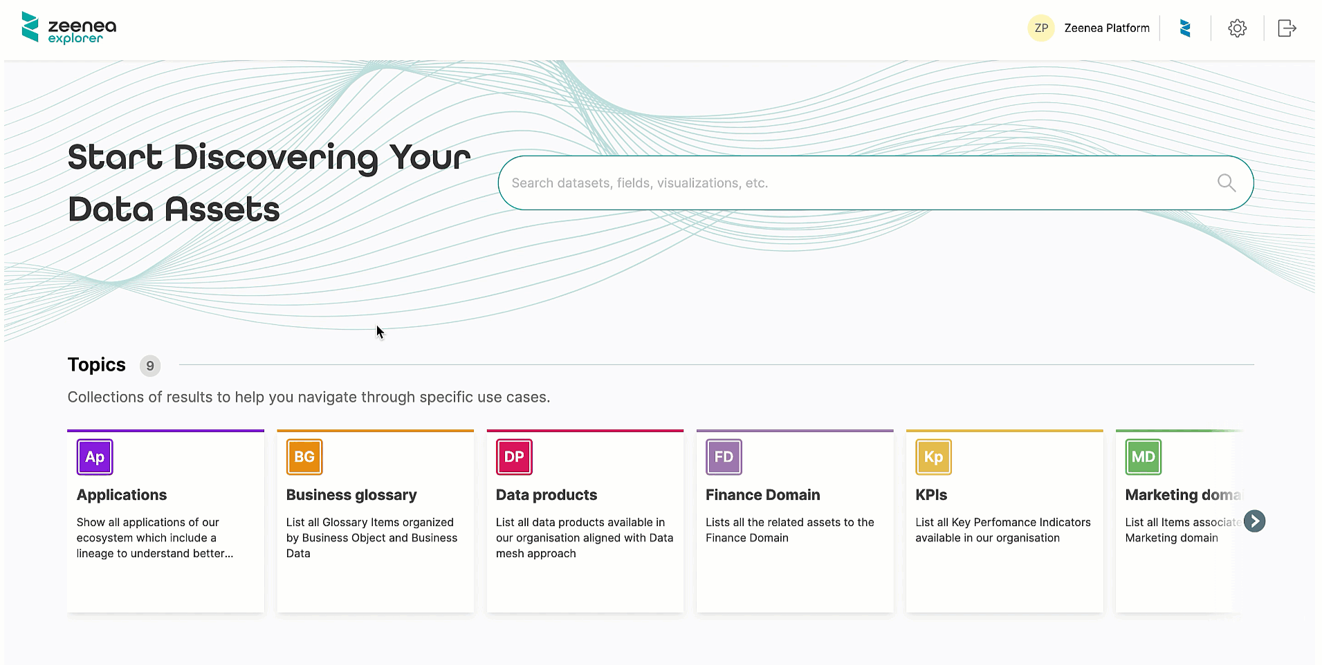 animated actian explorer interface showing categorized data topics and automated data discovery features