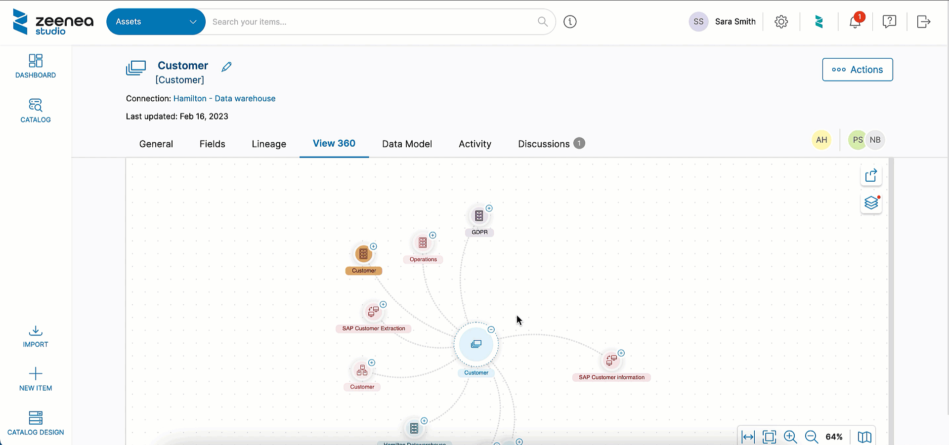gif of a knowledge graph in actian studio, visualizing data documentation and relationships between data assets