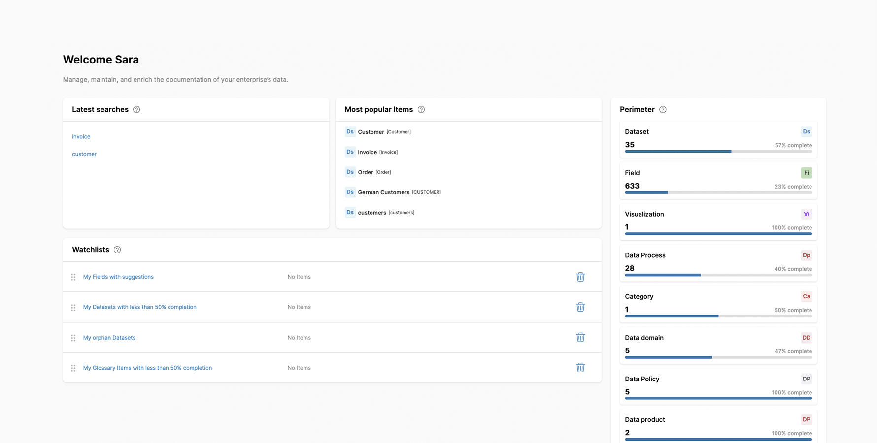 screenshot of actian studio dashboard for managing, maintaining, and enriching data documentation