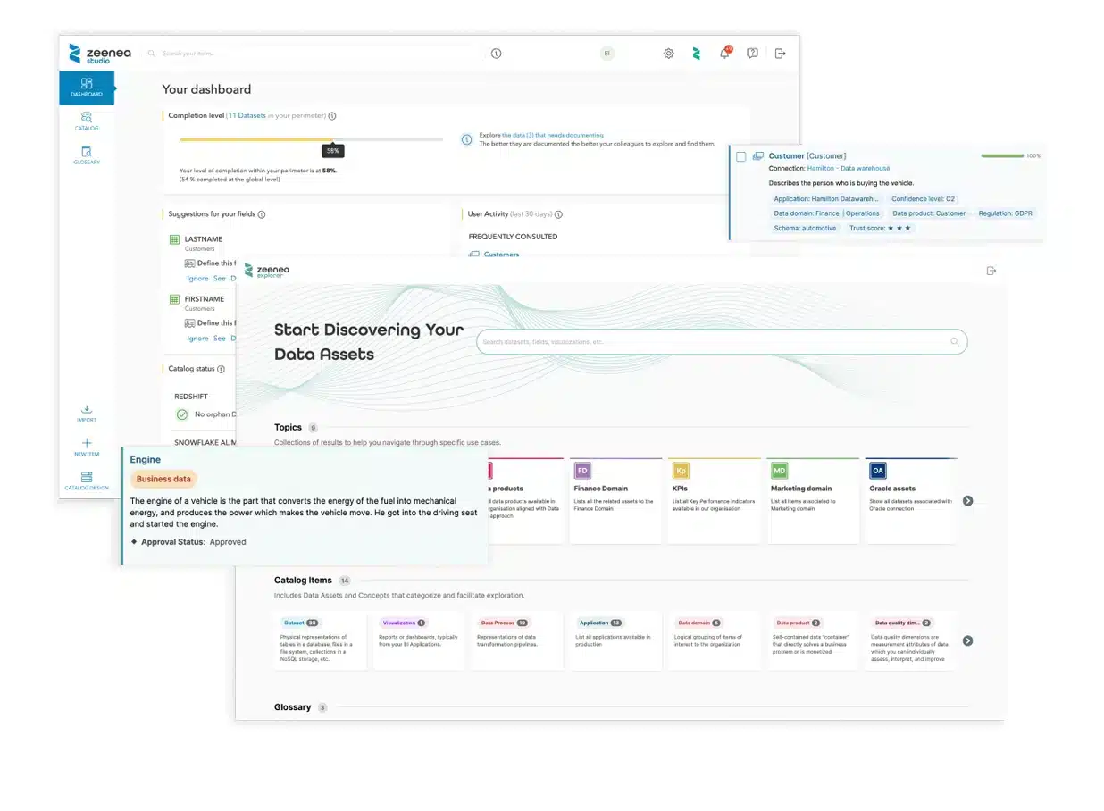 screenshots of actian studio and explorer apps showing dashboards and catalog navigation for data consumers in the retail industry