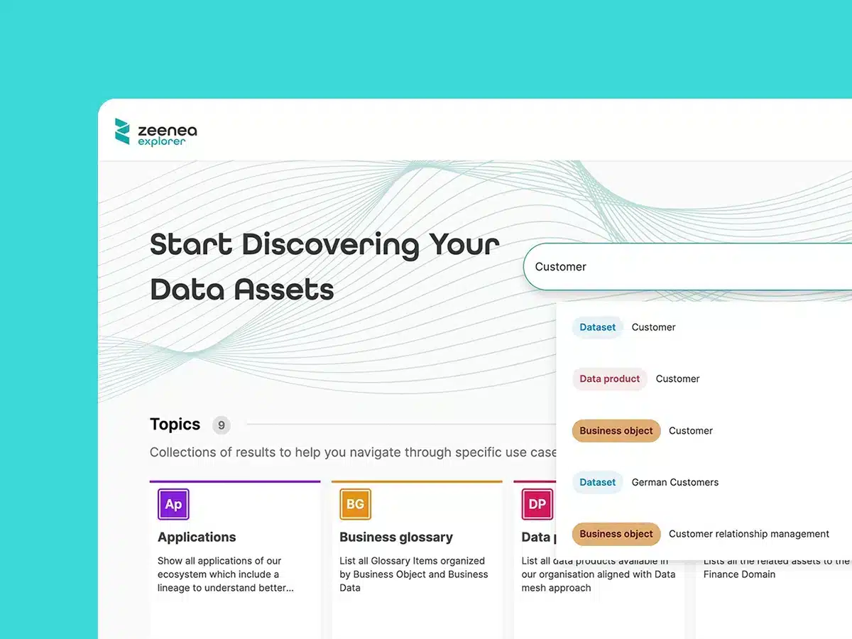 actian explorer interface with search and categorized topics to help users discover data assets such as datasets and business objects