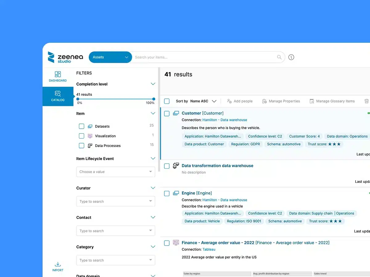 actian studio interface showing a data catalog with filtered search results for metadata, trust scores, and governance tags