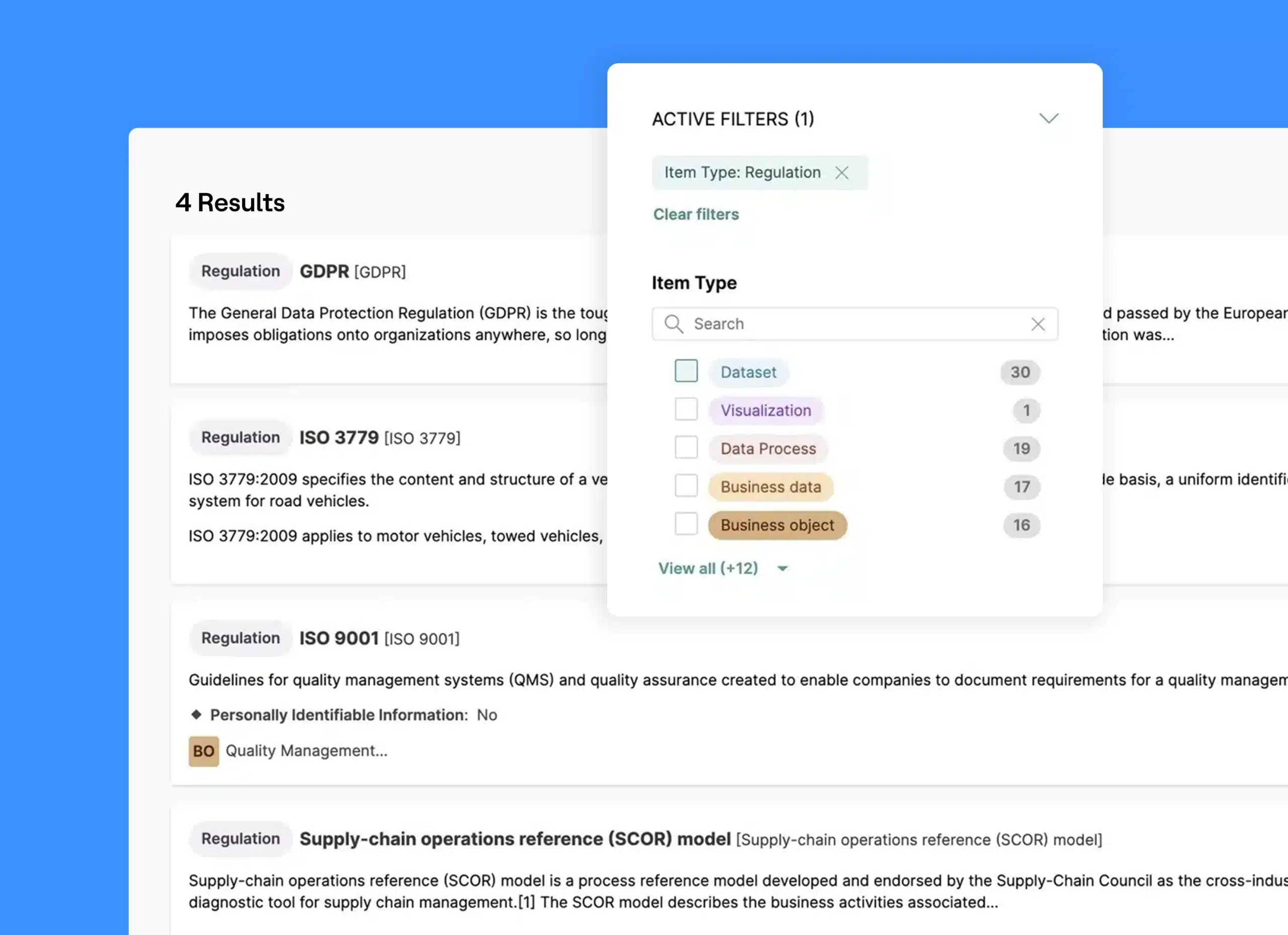 Regulatory compliance filter visual