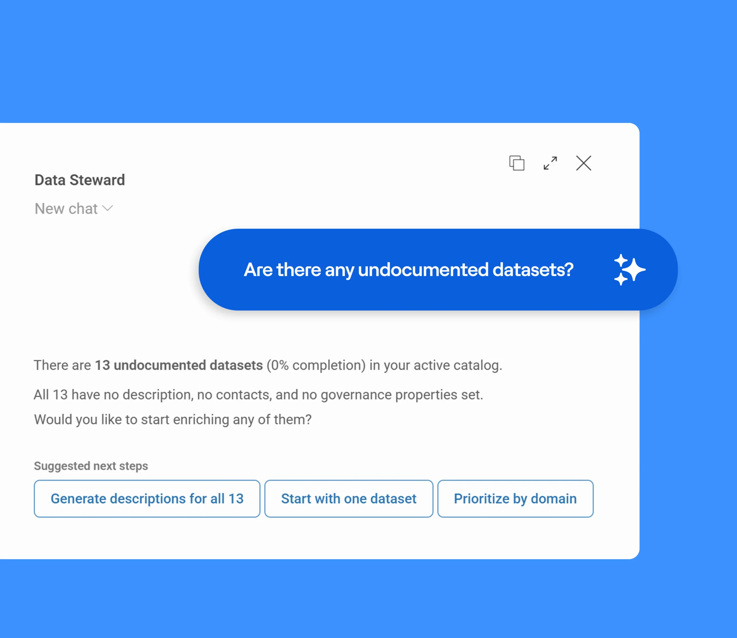 Data Steward chat interface with response and suggested next steps